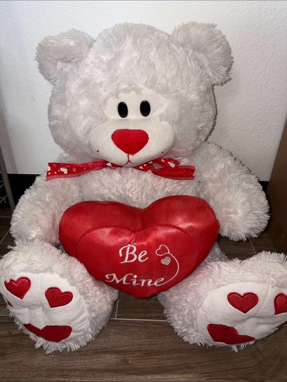 Plush Valentine Teddy Bear with 'Be Mine' Heart - White and Red